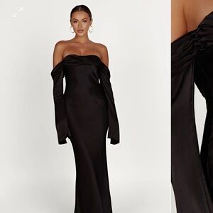 Meshki Giselle Black long sleeve off the shoulder satin dress🖤